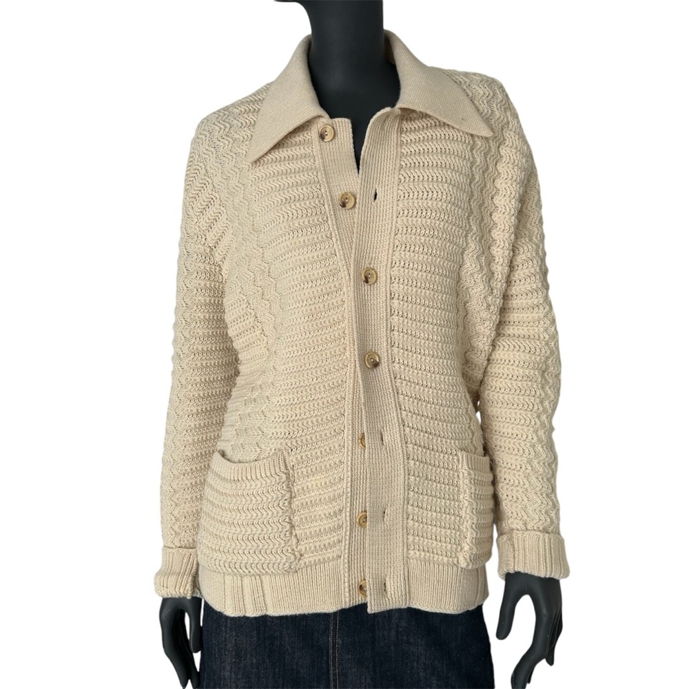 Vintage Fisherman Cardigan Sweater Chunky Coastal ‘70s Ivory Wool Knit Maritime